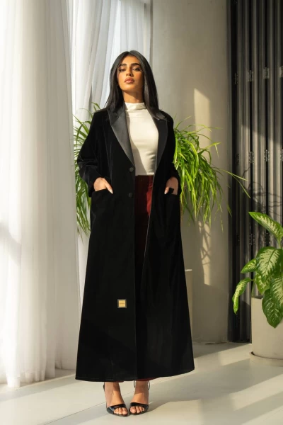 Black velvet blazer abaya IB233